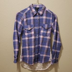 Purple and pink plaid shirt with lacey back